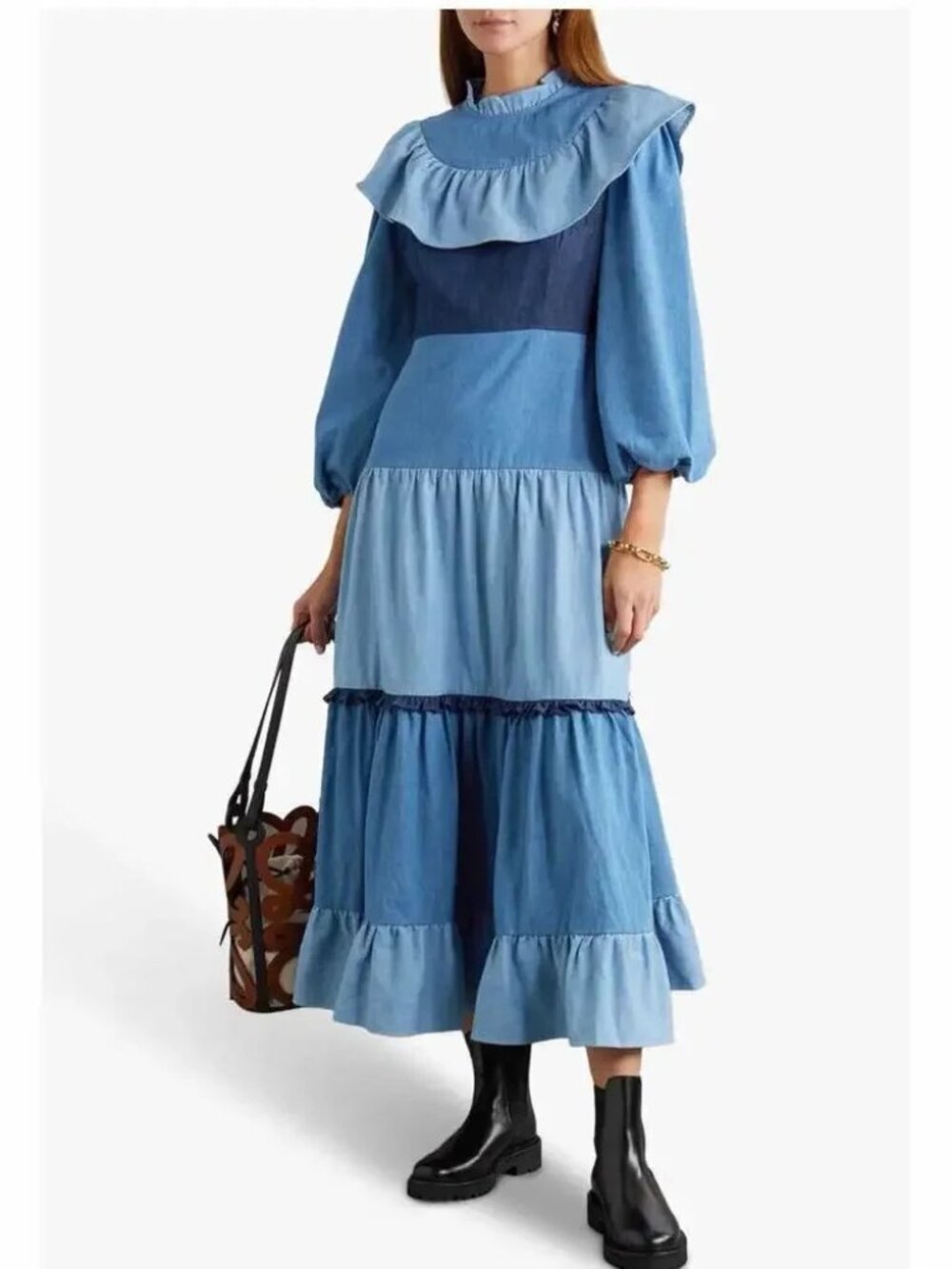 RIXO Tiered Ruffled Denim Midi Dress Size XS US 4 UK 8